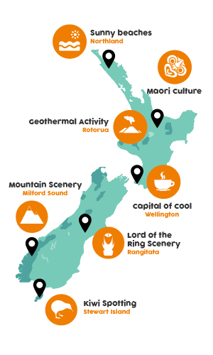 Map Showing Where To Go in New Zealand 