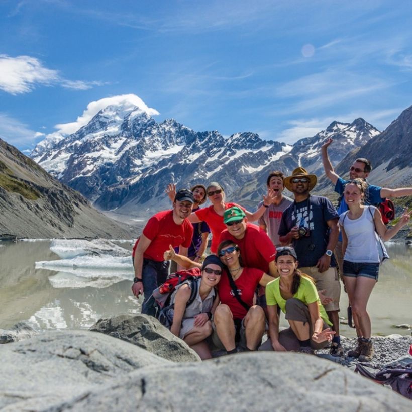 A group of people in Mt Cook Hooker Valley Track