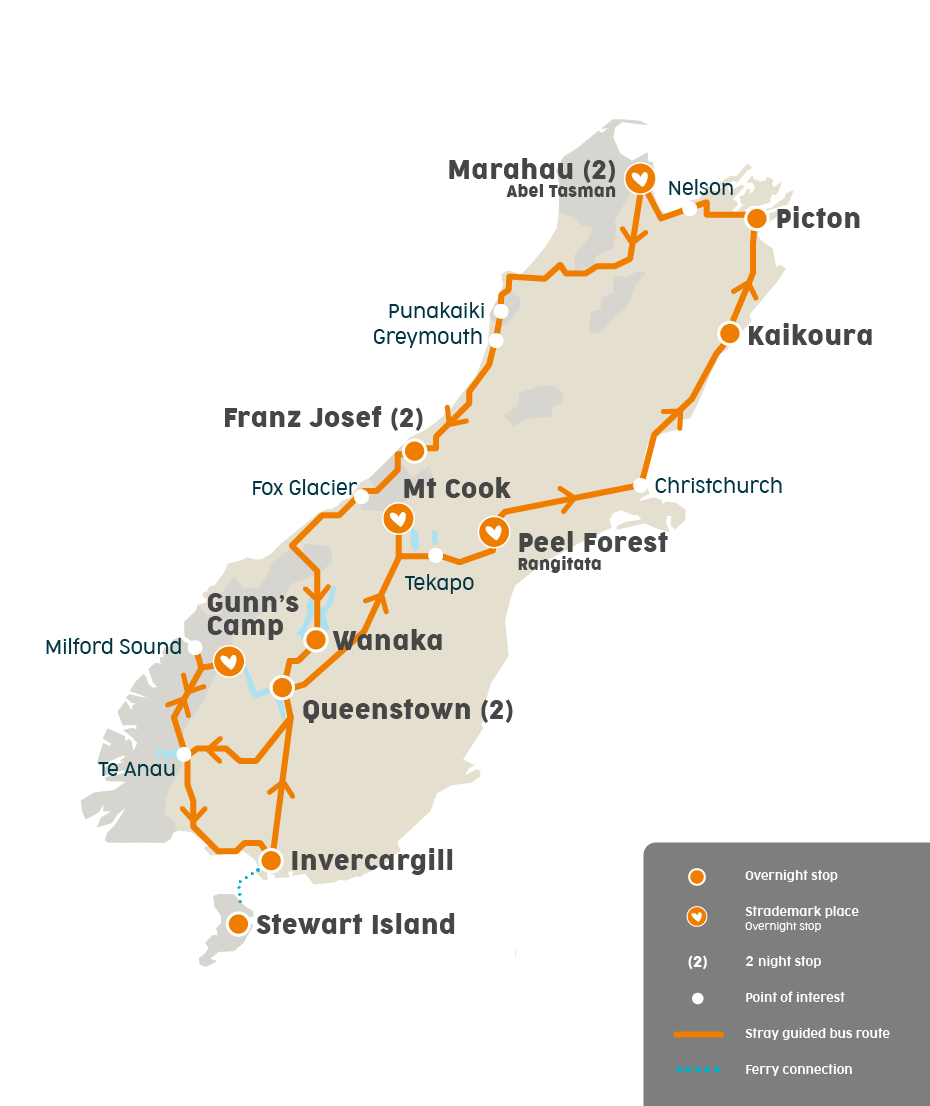 Ron south island bus tour route map1819